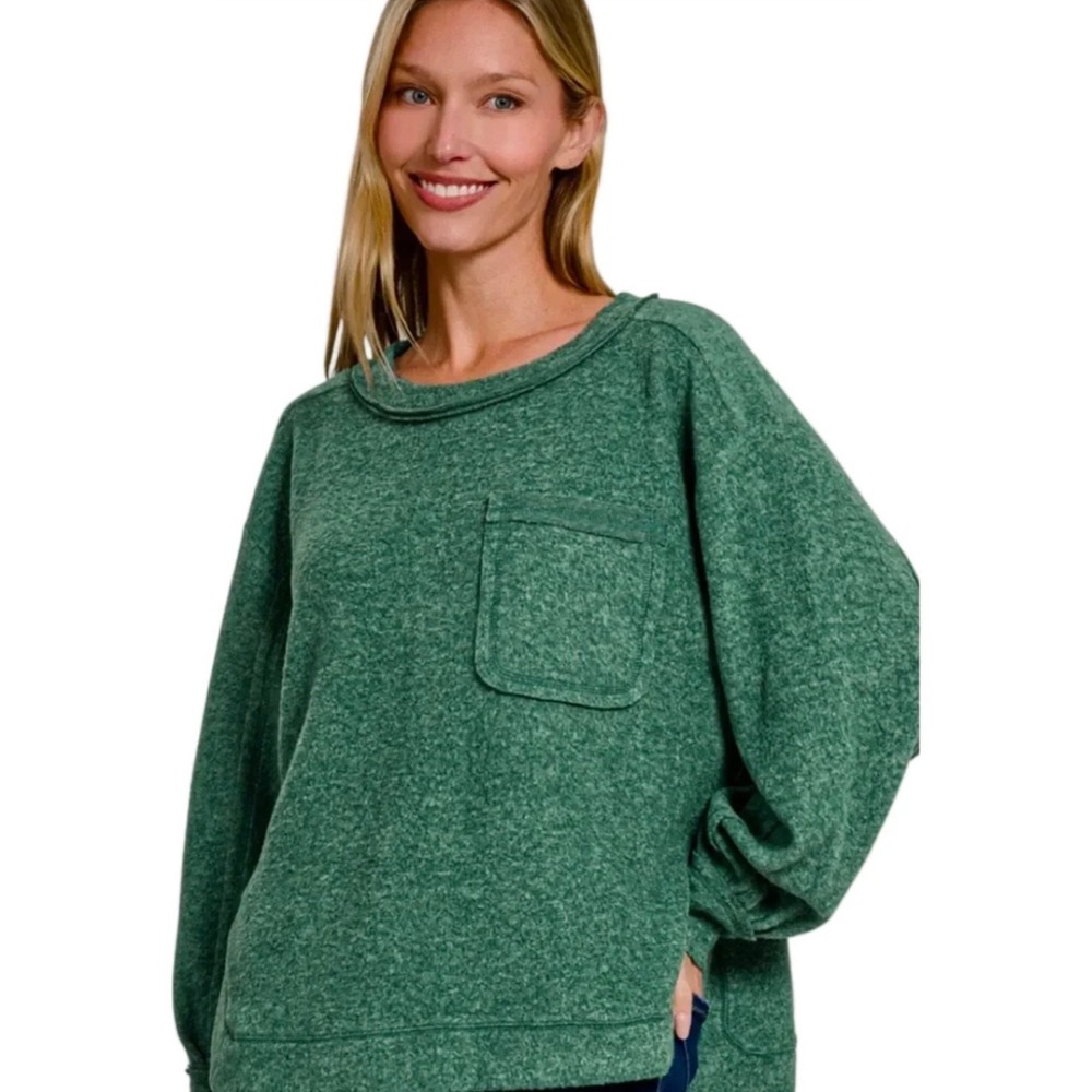 ZENANA BRUSHED MELANGE HACCI SWEATER HIGH LOW HT-2464 In Jade Size 1x/2x